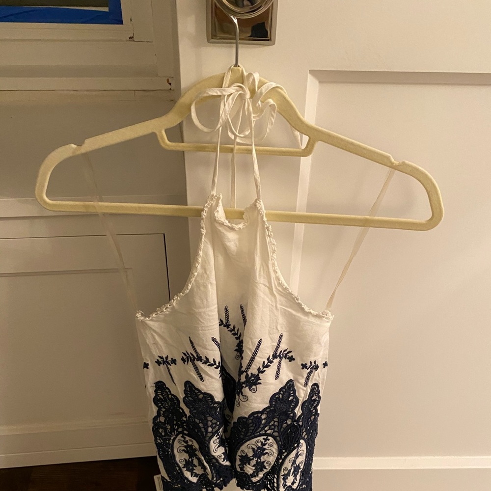 White halter tank with navy detail